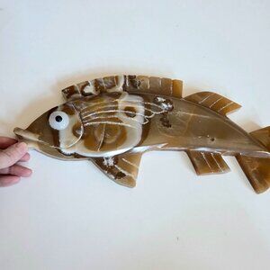 Large 15'' long vintage carved stone Alabaster Marble Onyx fish wall hanger.